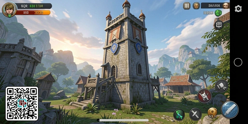 Screenshot gameplay 8QR menunjukkan aksi menarik Tower Defense.