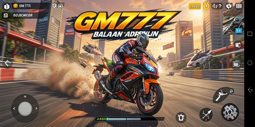 Screenshot gameplay GM777 menampilkan aksi balapan motor yang mendebarkan.