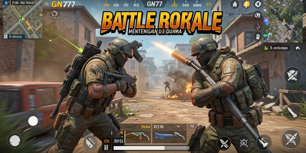 Tampilan screenshot utama GN777 menampilkan aksi pertempuran menegangkan di arena Battle Royale.