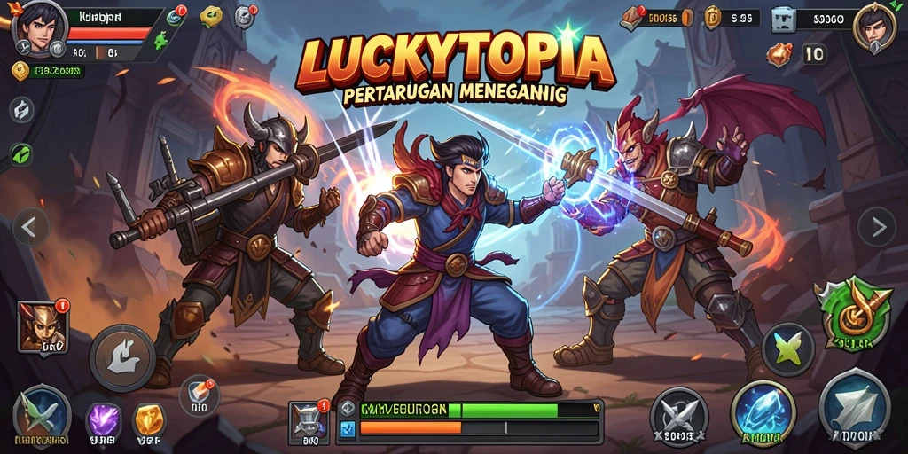 Tampilan gameplay seru dengan karakter bertarung di arena pertarungan.