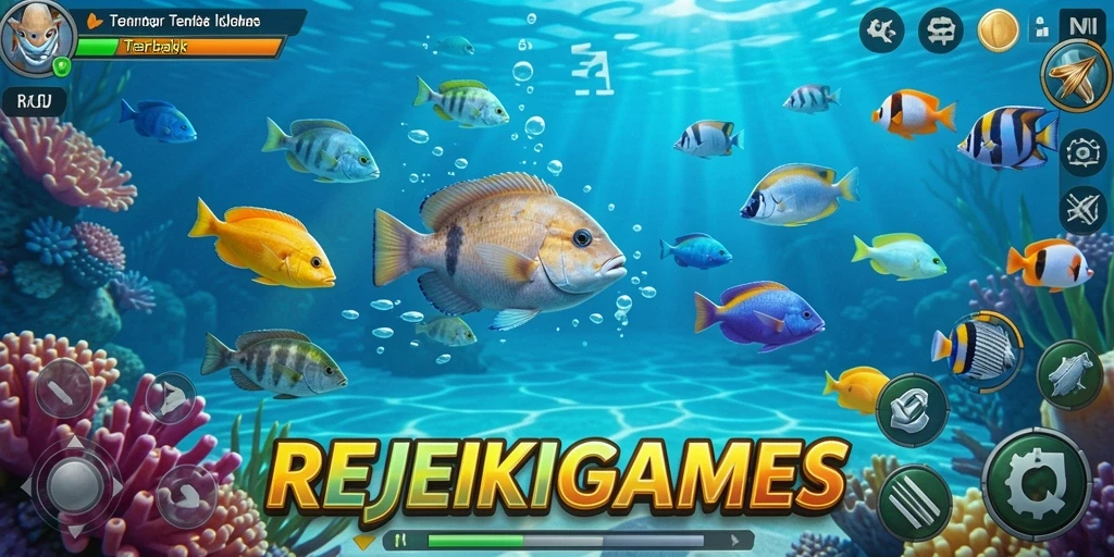 Tampilan gameplay seru dalam REJEKIGAMES saat menembak ikan.